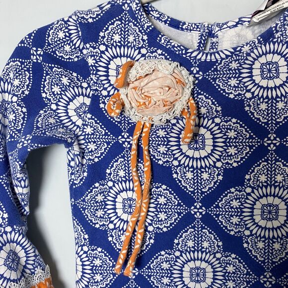Counting Daisies Girls Dress Blue Orange Floral Embellishment Bell Sleeve 6x - Picture 2 of 7